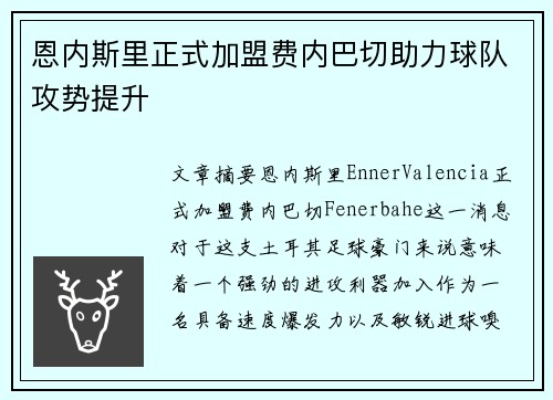 恩内斯里正式加盟费内巴切助力球队攻势提升